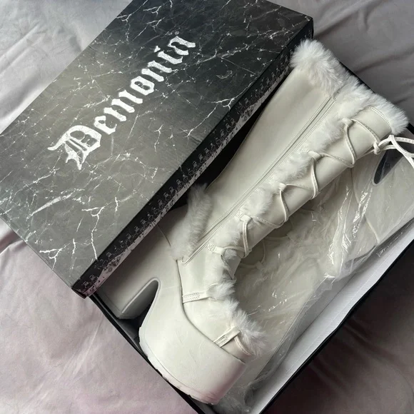 Demonia White Faux Fur Platform Boots - Picture 2 of 4